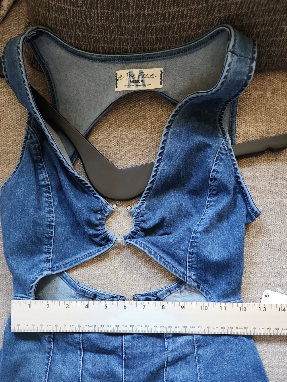 NWT We The Free Denim Cutout Jumpsuit Medium Open Back Blue Jean One Piece Wide - Picture 7 of 9